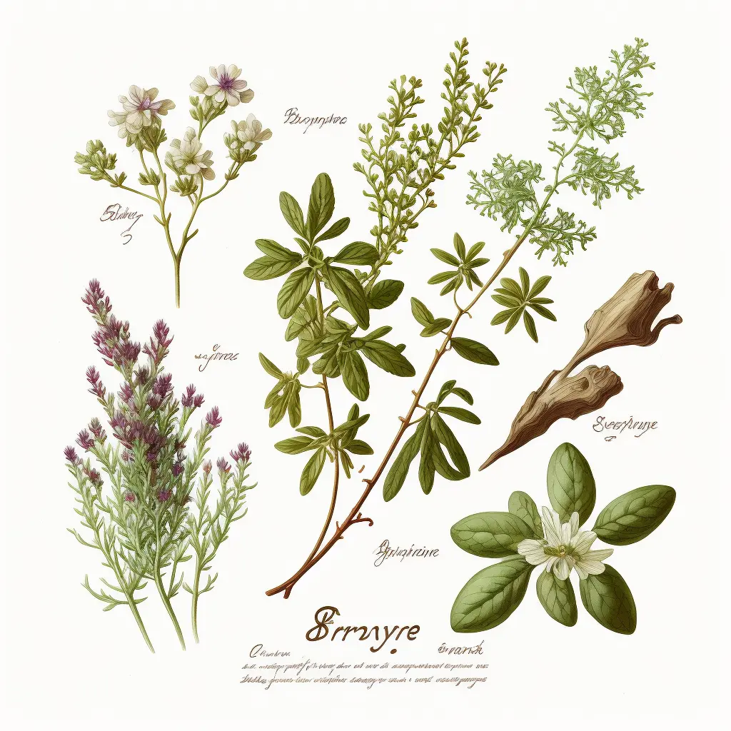 sprig of thyme and other spices, botanical illustration, white background, style of Pierre-Joseph Redoute